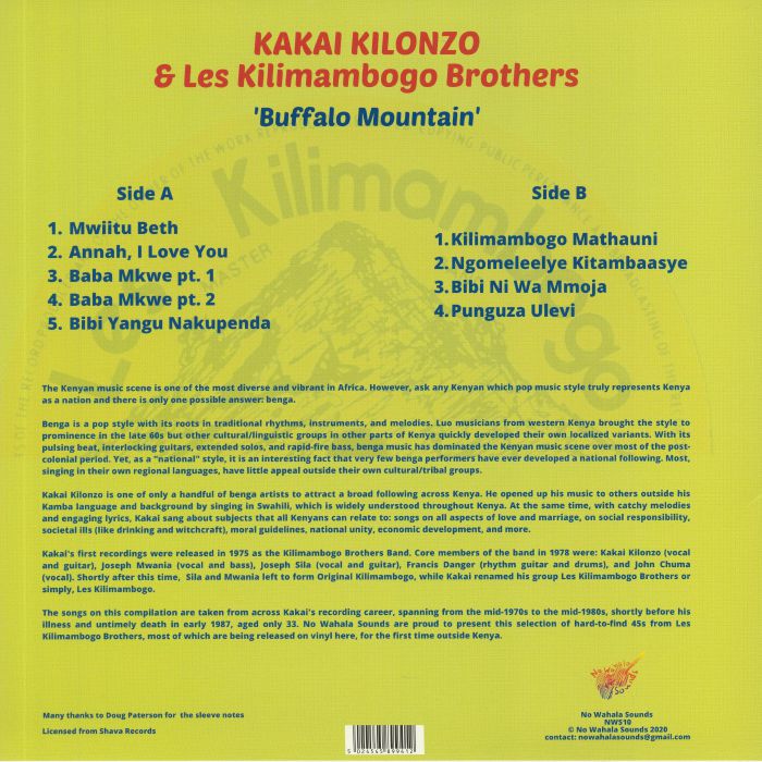 Kakai Kilonzo & Les Kilimambogo Brothers – Buffalo Mountain (LP, No Wahala Sounds, 2020) Back Cover