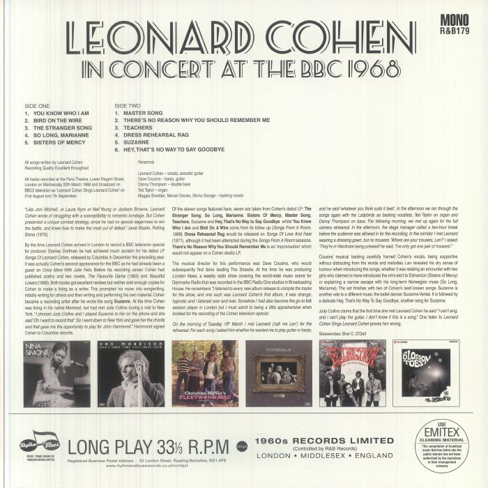 Leonard Cohen – In Concert at the BBC 1968 (LP, Rhythm & Blues Records, 2026) Back Cover