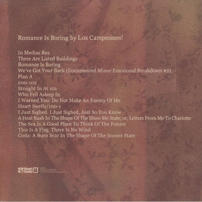 Los Campesinos! – Romance Is Boring (2xLP, Bruise Black Marble, Heart Swells, 2026) Back Cover