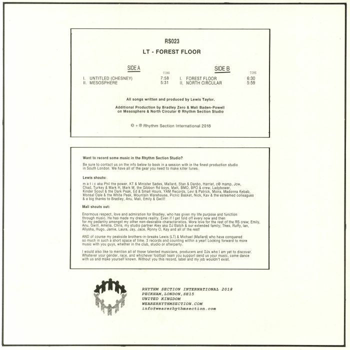 LT – Forest Floor  (12", Rhythm Section International, 2018) Back Cover
