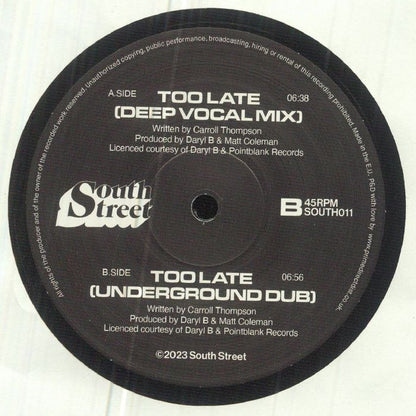 M.A.D Productions Feat. Carroll Thompson – Too Late (12", South Street, 2023) Back Cover
