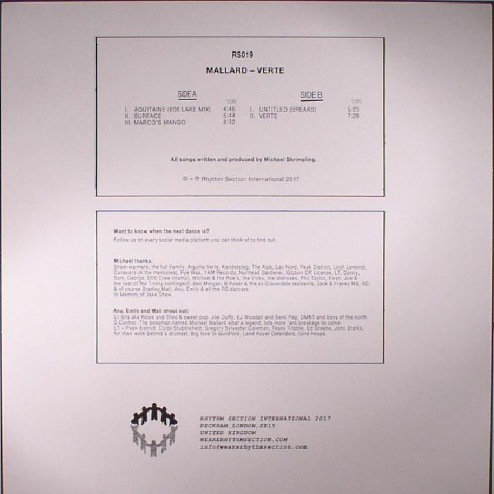 Mallard – Verte (12", Rhythm Section International, 2017) Back Cover