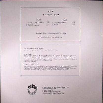 Mallard – Verte (12", Rhythm Section International, 2017) Back Cover