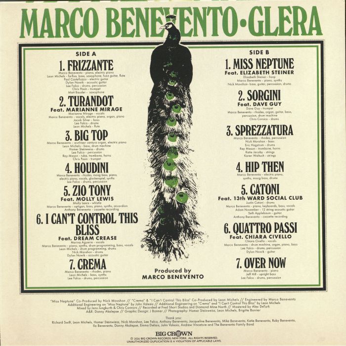 Marco Benevento – Glera (LP, Coke Bottle Green, Big Crown Records, 2026) Back Cover