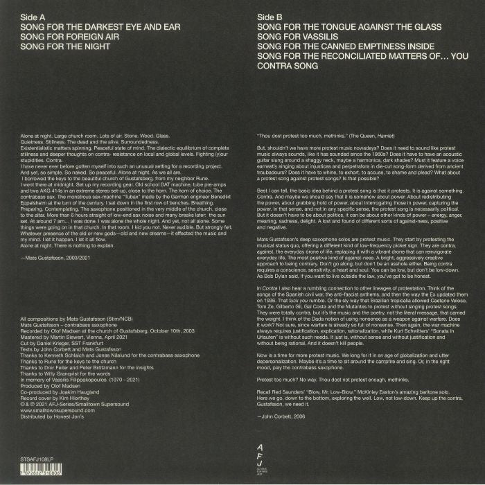 Mats Gustafsson – Contra Songs (LP, Smalltown Supersound, 2025) back cover