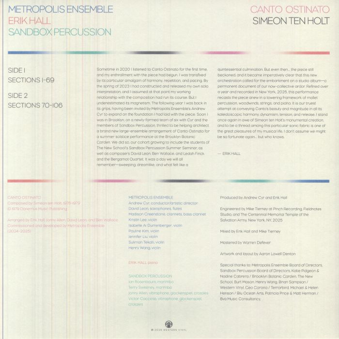 Metropolis Ensemble Erik Hall Sandbox Percussion – Canto Ostinato (LP, Western Vinyl, 2026) Back Cover