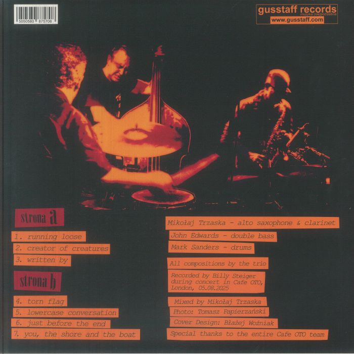 Mikołaj Trzaska / John Edwards / Mark Sanders – Because It Happens (LP, Gusstaff Records, 2026) Back Cover
