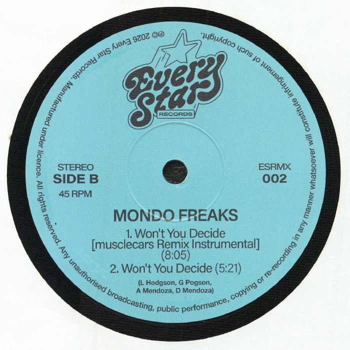 Mondo Freaks – Won't You Decide (Musclecars Remix) (12", Every Star Records, 2026) Back Cover