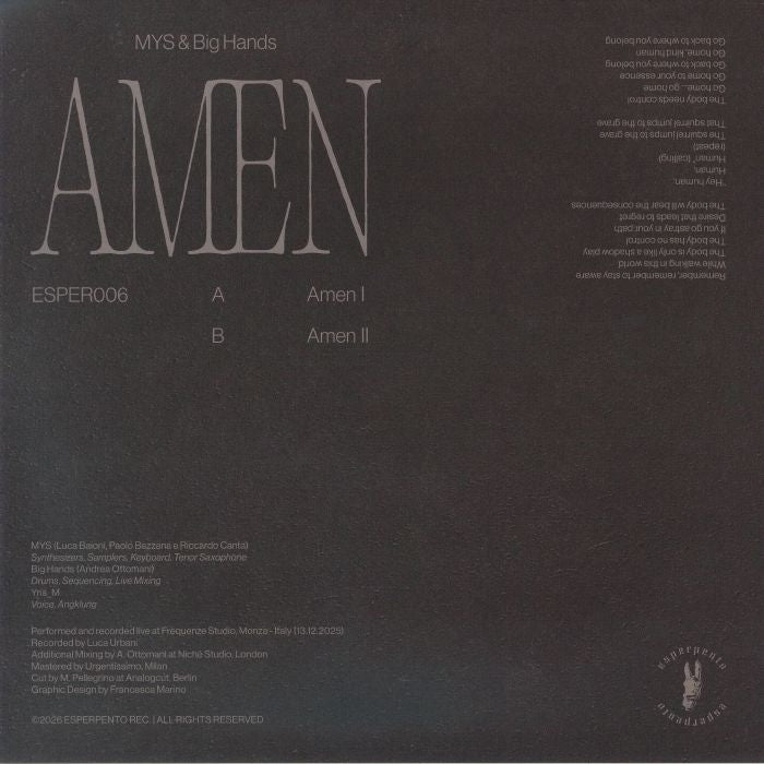 Mys , Big Hands – Amen (LP, esperpento, 2026) Back Cover