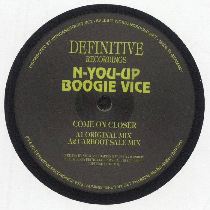 N-You-Up , Boogie Vice – Come On Closer (12", Definitive Recordings, 2025) front cover