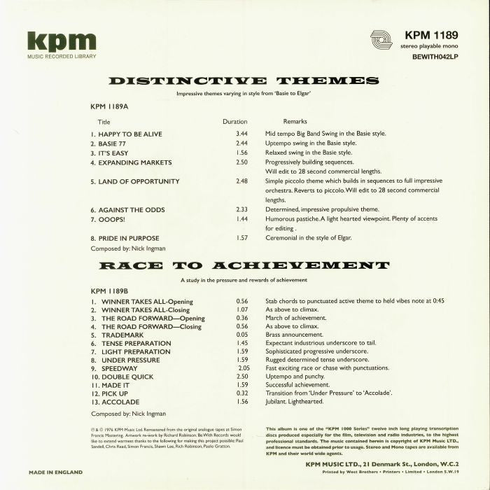 Nick Ingman – Distinctive Themes / Race To Achievement (LP, 180g, Be With Records, 2018) Back Cover