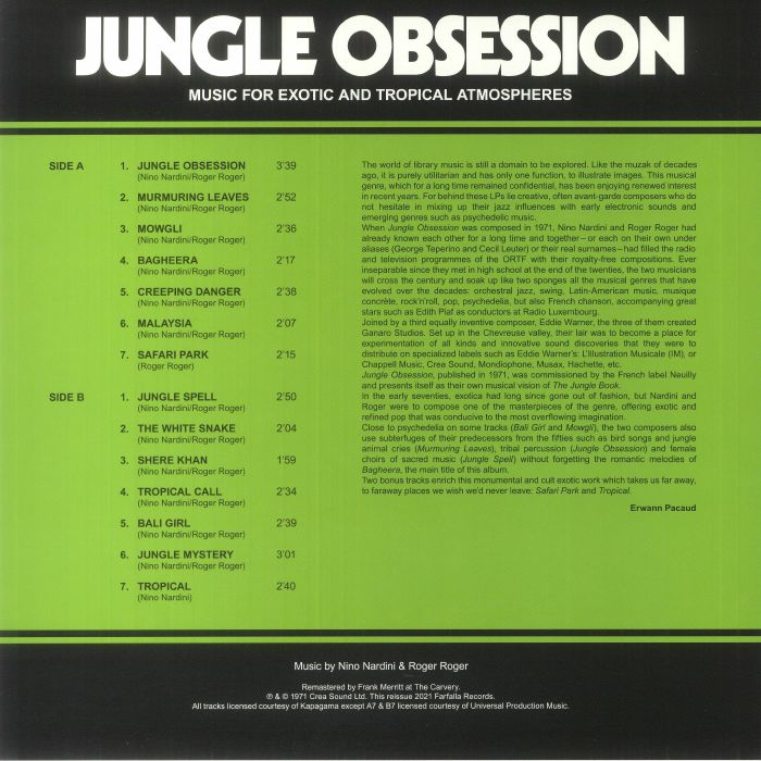 Nino Nardini & Roger Roger – Jungle Obsession (LP, 180g, Farfalla Records, 2021) Back Cover