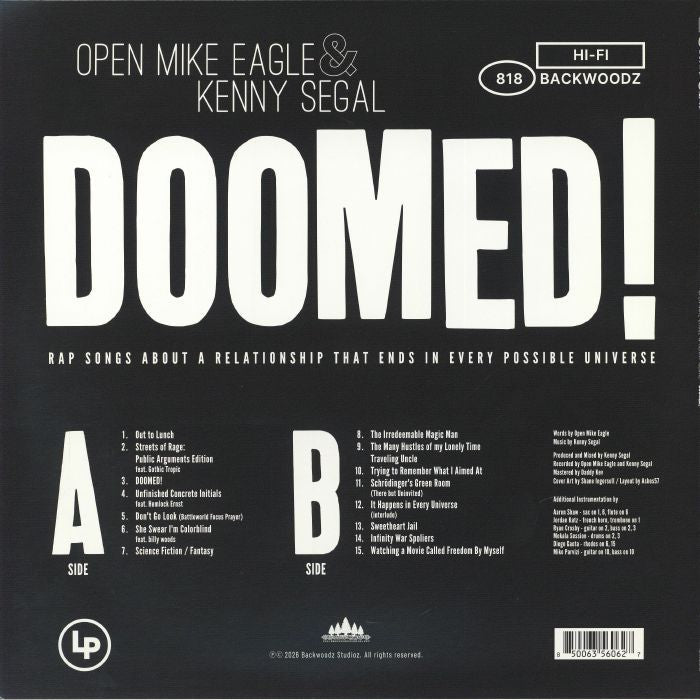 Open Mike Eagle & Kenny Segal – DOOMED! (LP, Backwoodz Studioz, 2026) Back Cover