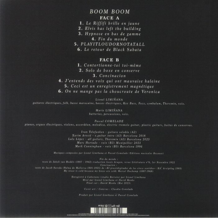 Pascal Comelade , Lionel Limiñana , Marie Limiñana – Boom Boom! (LP, Because Music, 2023) Back Cover