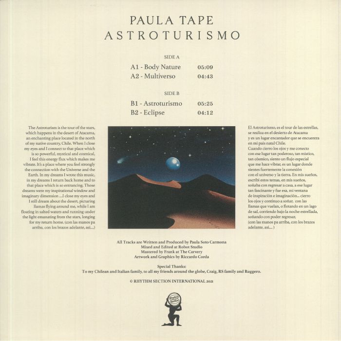 Paula Tape – Astroturismo (12", Blue, Rhythm Section International, 2021) Back Cover
