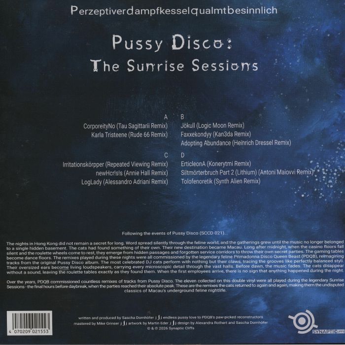 Perzeptiverdampfkesselqualmtbesinnlich – Pussy Disco: The Sunrise Sessions (2x12", Blue & Clear w/ Black Splatter, Synaptic Cliffs, 2026) Back Cover