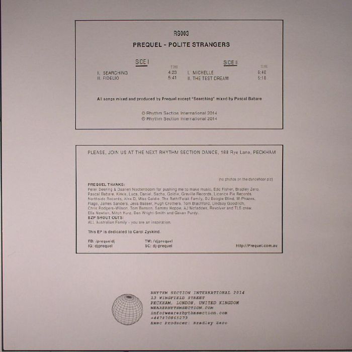 Prequel – Polite Strangers (12", Rhythm Section International, 2014) Back Cover