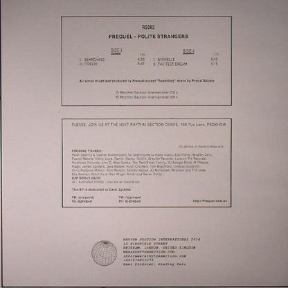 Prequel – Polite Strangers (12", Rhythm Section International, 2014) Back Cover