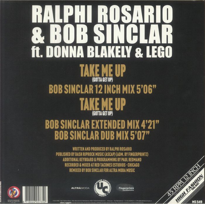 Ralphi Rosario & Bob Sinclar Ft. Donna Blakely & Lego – Take Me Up (Gotta Get Up) (12", High Fashion Music, 2026) Back Cover