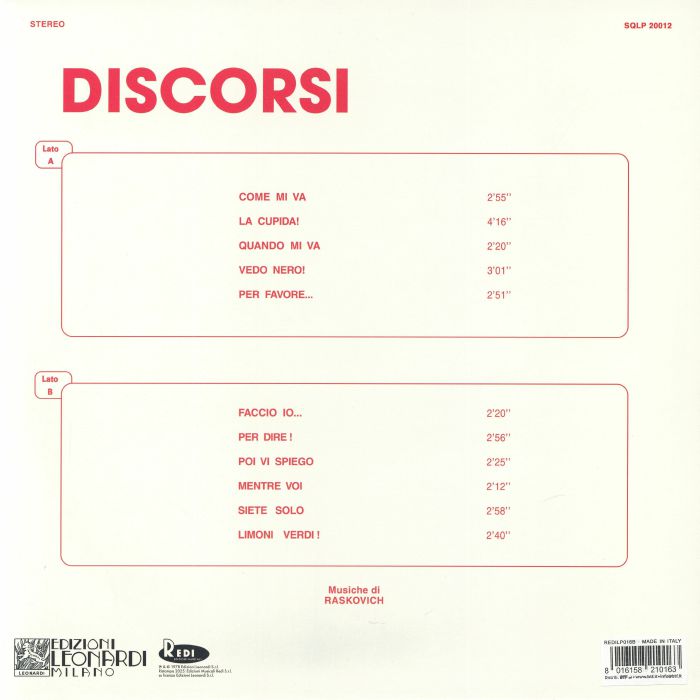 Raskovich – Discorsi (reissue) (LP, Redi Edizioni Musicali, 2026) Back Cover