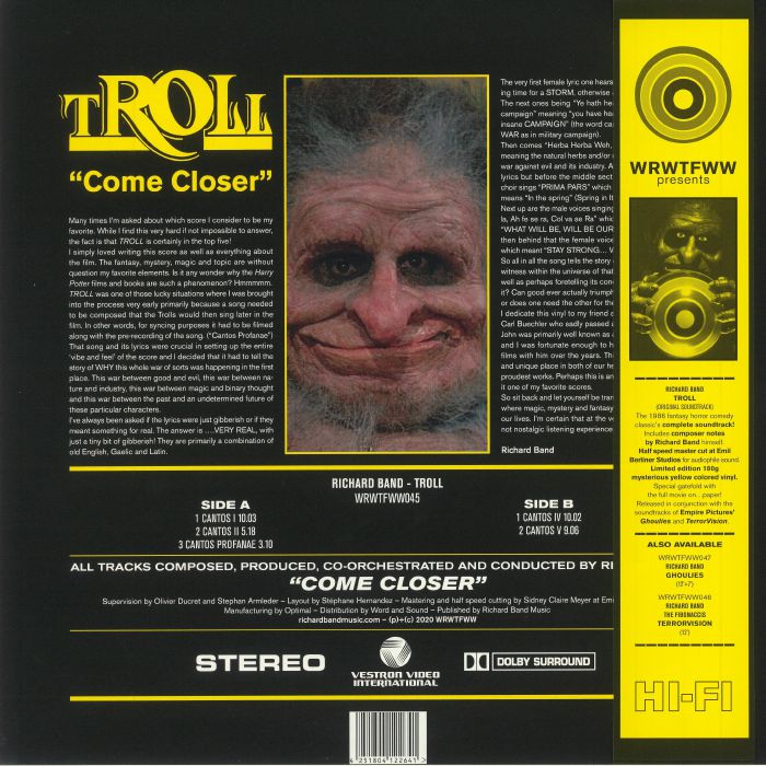 Richard Band – Troll (Original Soundtrack) (LP, Yellow vinyl, We Release Whatever The Fuck We Want Records, 2020) Back Cover