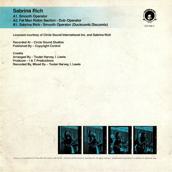 Sabrina Rich – Smooth Operator  (12", Cultures Of Soul Records, 2019) Back Cover