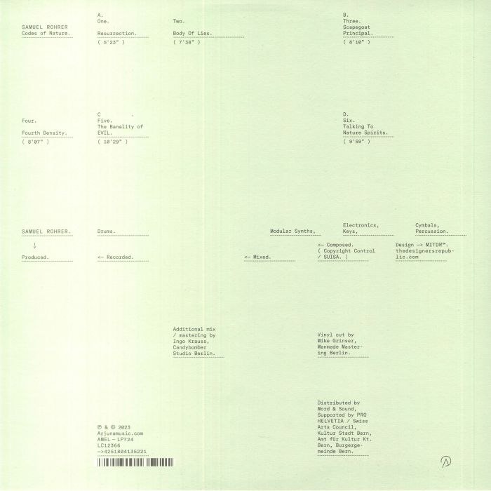 Samuel Rohrer – Codes Of Nature (2xLP, Arjunamusic, 2023) back cover