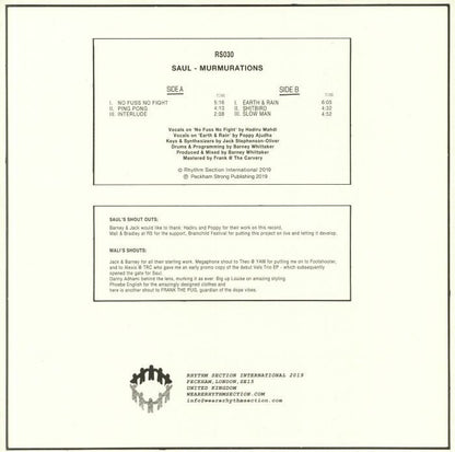 Saul – Murmurations (12", Rhythm Section International, 2019) Back Cover