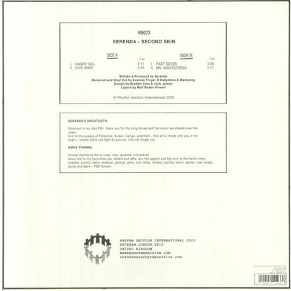 Serenda – Second Skin (LP, Rhythm Section International, 2025) Back Cover