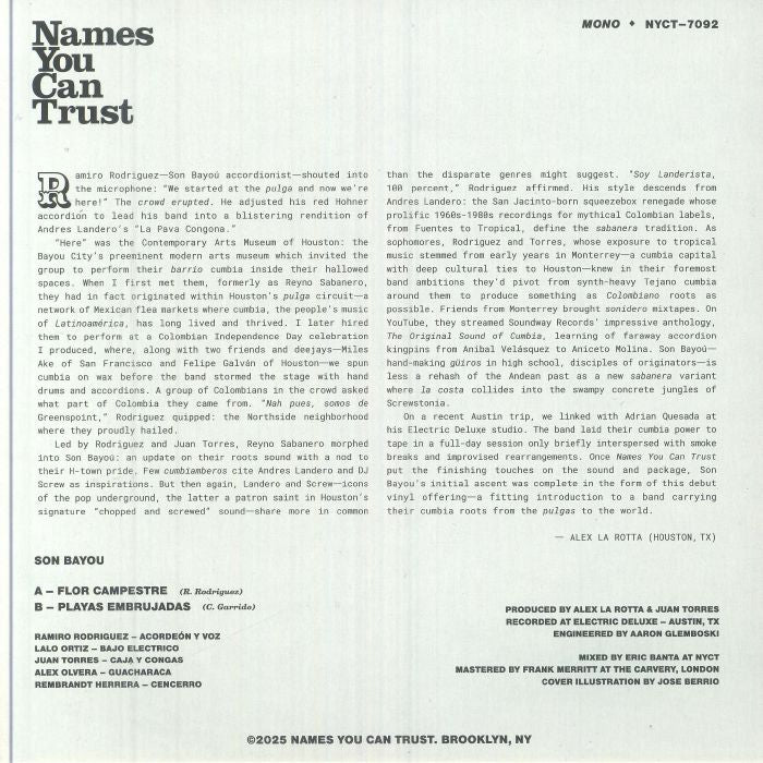 Son Bayou – Flor Campestre / Playas Embrujadas (7", Names You Can Trust, 2025) Back Cover