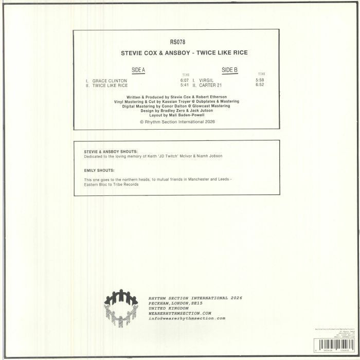 Stevie Cox Ansboy – Twice Like Rice (12", Rhythm Section International, 2026) Back Cover