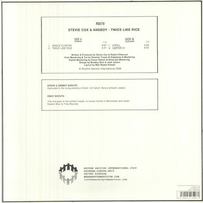 Stevie Cox Ansboy – Twice Like Rice (12", Rhythm Section International, 2026) Back Cover