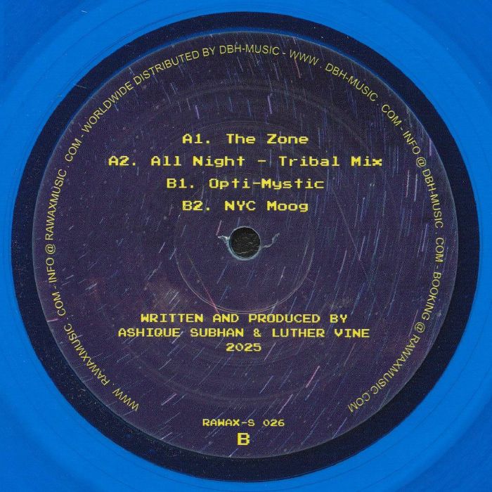 Subb An / Luther Vine – All Night EP (12", transparent blue, Rawax, 2026) Back Cover