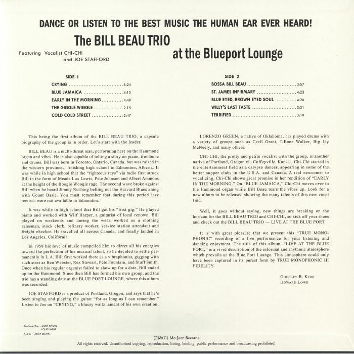 The Bill Beau Trio – Live At The Blueport Lounge (LP, Mo-Jazz Records, 2026) Back Cover