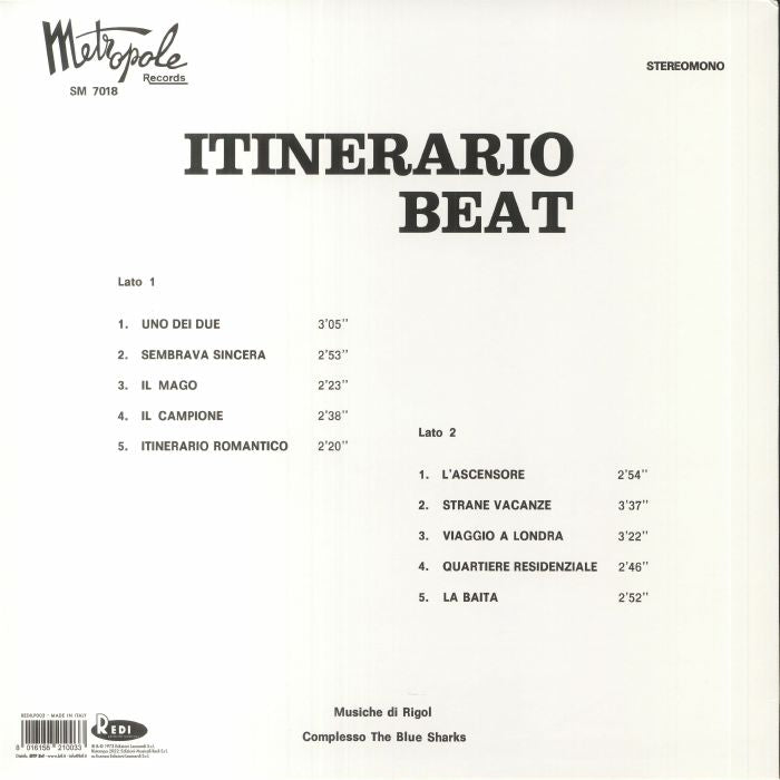 The Blue Sharks – Itinerario Beat (LP, Blue, Edizioni Musicali Redi, 2022) Back Cover