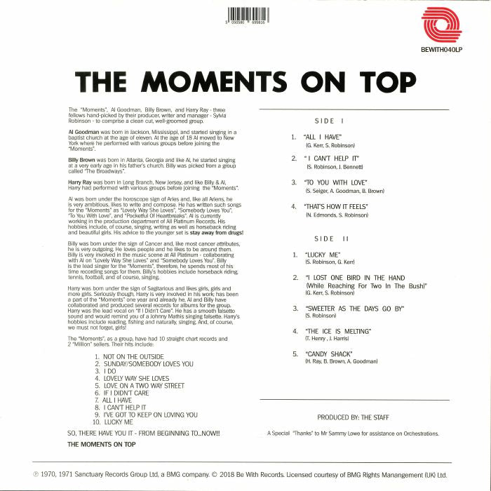 The Moments – On Top (LP, 180g, Be With Records, 2018) Back Cover