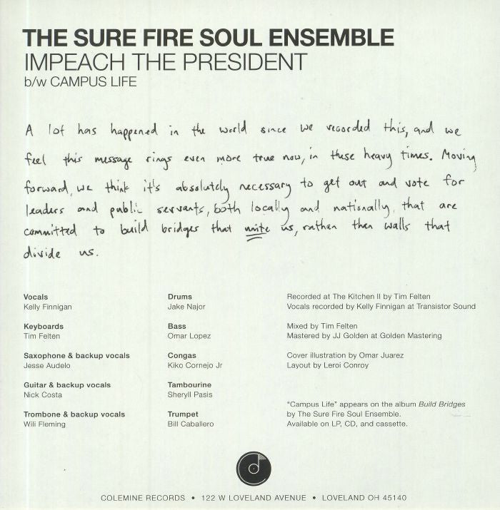 The Sure Fire Soul Ensemble Featuring Kelly Finnigan – Impeach The President (7", Colemine Records, 2020) Back Cover