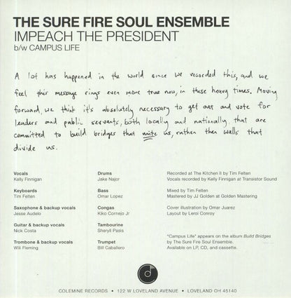 The Sure Fire Soul Ensemble Featuring Kelly Finnigan – Impeach The President (7", Colemine Records, 2020) Back Cover