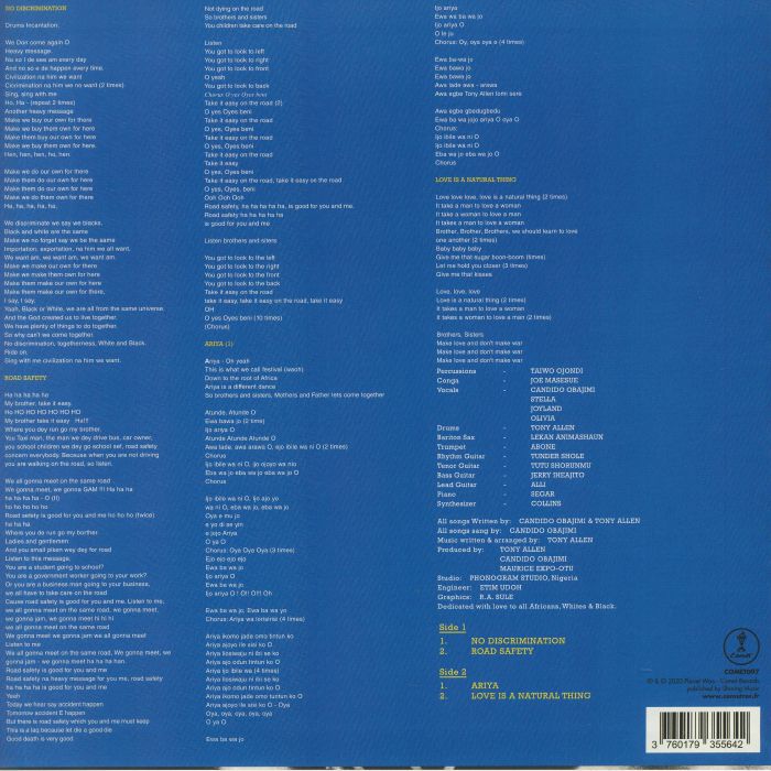 Tony Allen And The Afro Messengers – No Discrimination (LP, Grandstar Records, 2020) Back Cover