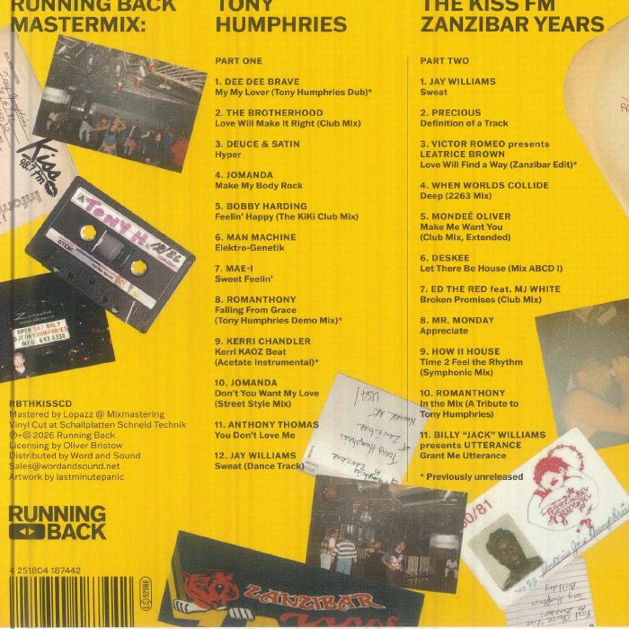 Tony Humphries / Various – Running Back Mastermix: Kiss FM Zanzibar Years (CD, unmixed 2xCD, Running Back, 2026) Back Cover