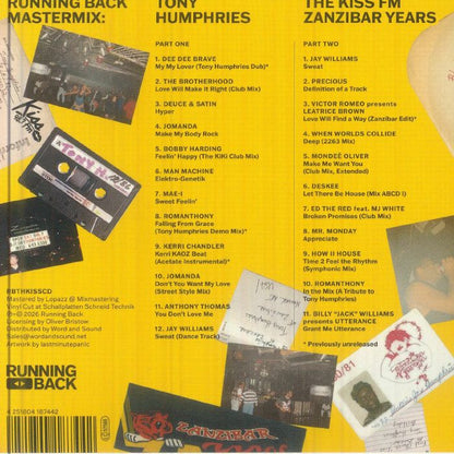 Tony Humphries / Various – Running Back Mastermix: Kiss FM Zanzibar Years (CD, unmixed 2xCD, Running Back, 2026) Back Cover