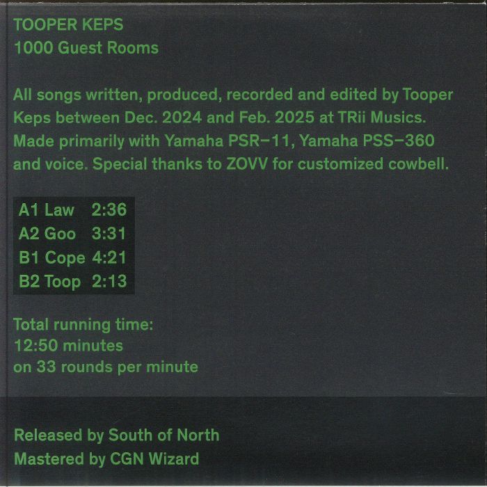 Tooper Keps – 1000 Guest Rooms (7", South of North, 2025) Back Cover