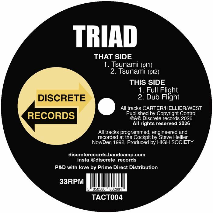 Triad – Tsunami / Full Flight (12", Yellow, Discrete Records, 2026) Back Cover
