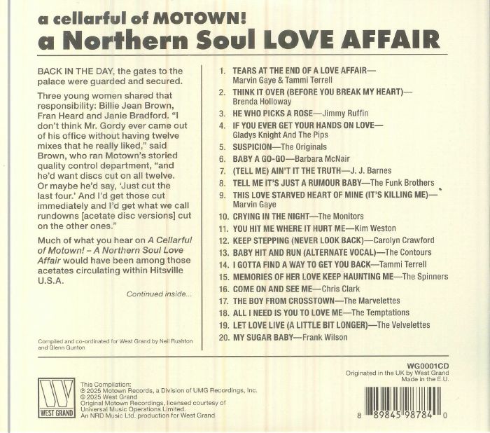 Various – A Cellarful of Motown! A Northern Soul Love Affair (CD) (CD, West Grand, 2025) Back Cover