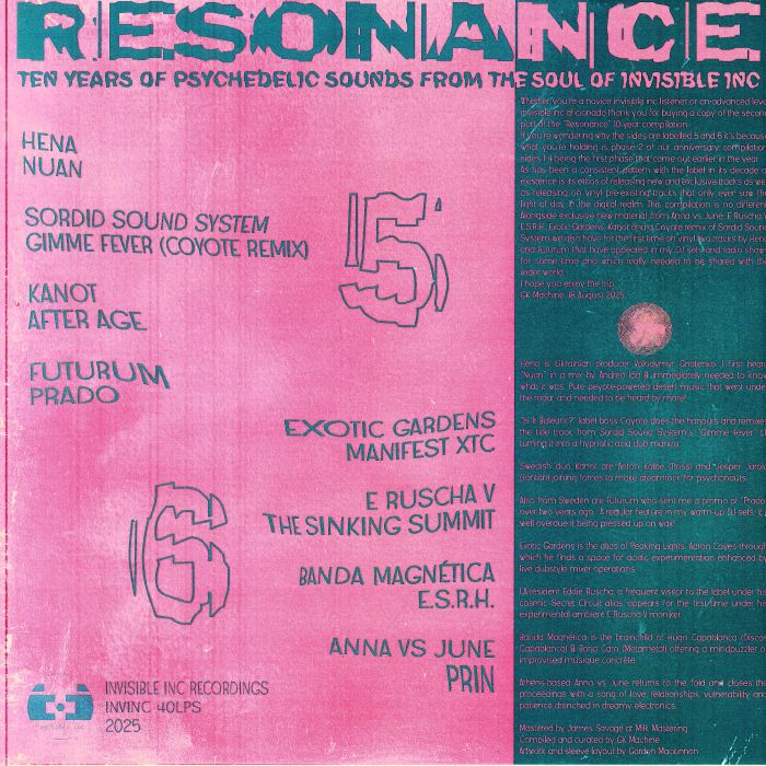 Various – Resonance: 10 Years Of Psychedelic Sounds From The Soul Of Invisible Inc (LP, Invisible, Inc., 2025) Back Cover