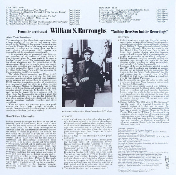 William S. Burroughs – Nothing Here Now But The Recordings (LP, Clear Transparent, Dais Records, 2023) Back Cover