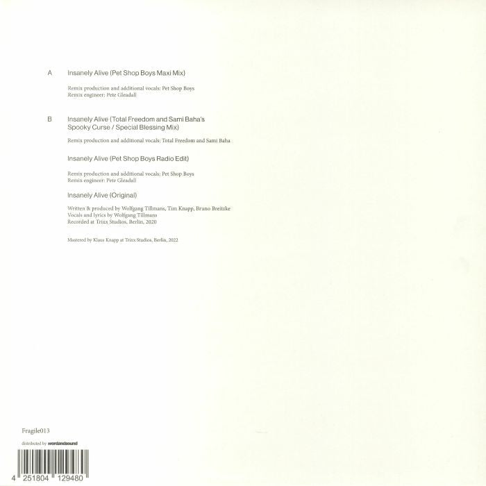 Wolfgang Tillmans – Insanely Alive Remixes (12", Fragile, 2022) Back Cover