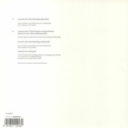 Wolfgang Tillmans – Insanely Alive Remixes (12", Fragile, 2022) Back Cover