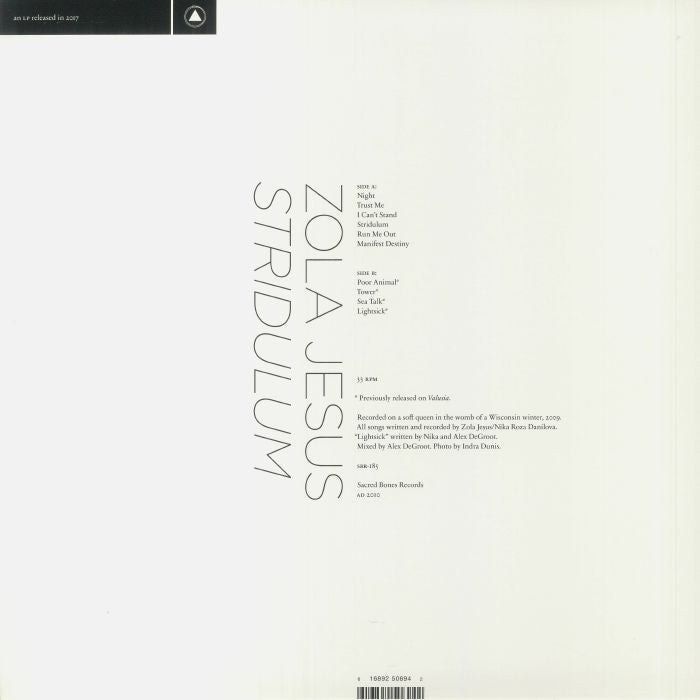Zola Jesus – Stridulum (LP, Milky Clear, Sacred Bones Records, 2022) Back Cover