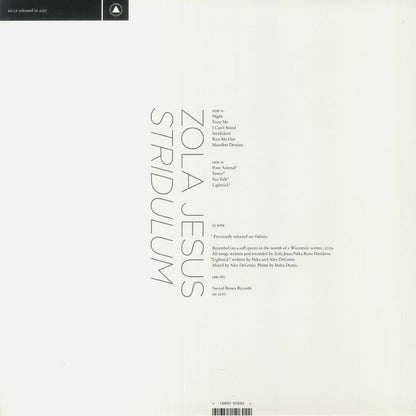 Zola Jesus – Stridulum (LP, Milky Clear, Sacred Bones Records, 2022) Back Cover
